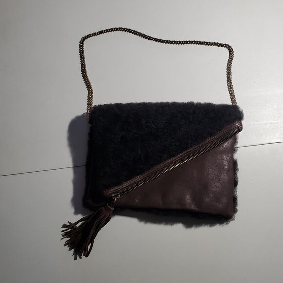 Dark Brown Leather and Sherpa Purse with Chain Strap -shipping incl - Picture 5 of 16